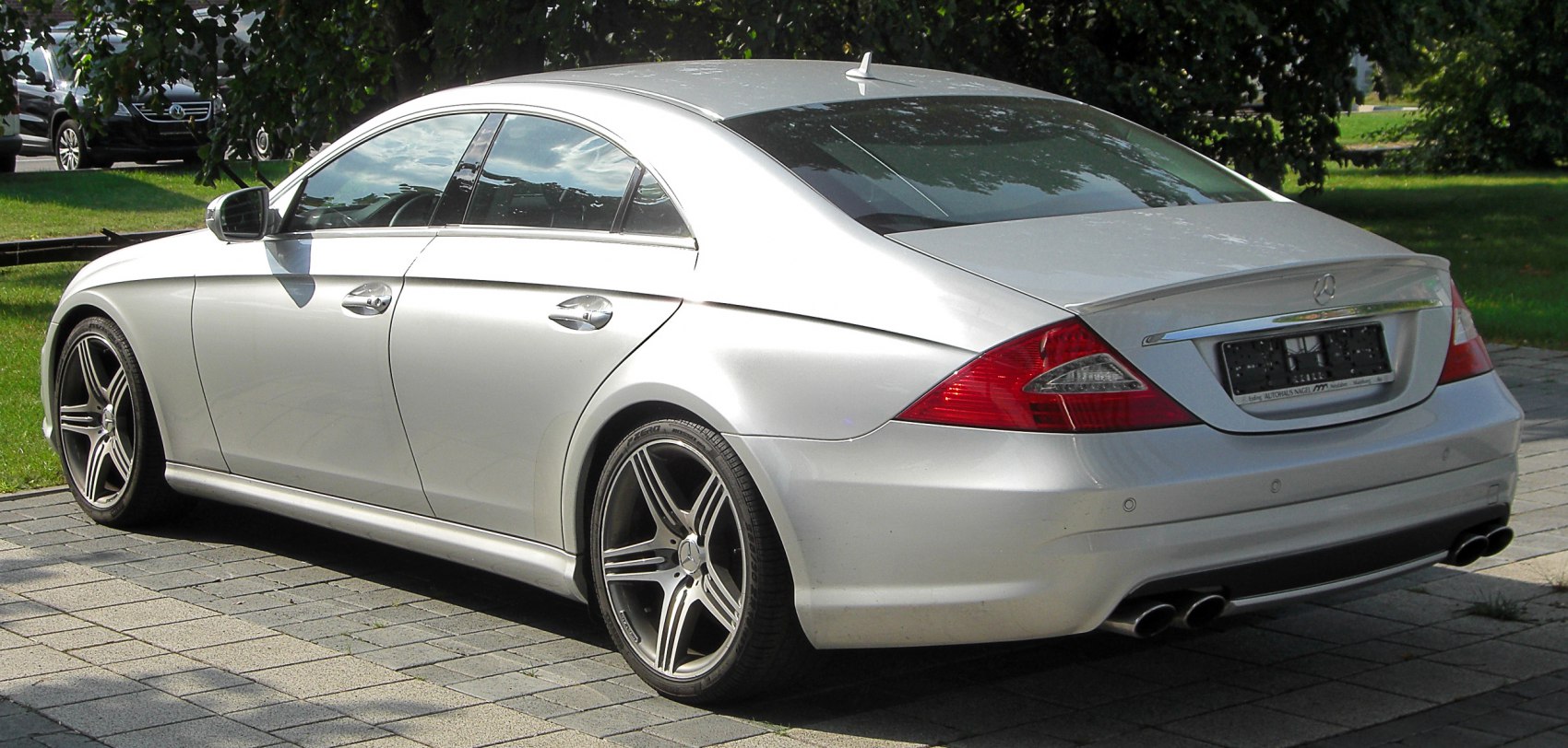 Rear-side view of silver coupe with sleek roofline and angular taillights