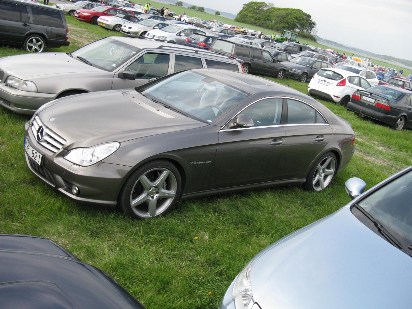 Front side view of luxury coupe with V8 badge on alloy wheels.