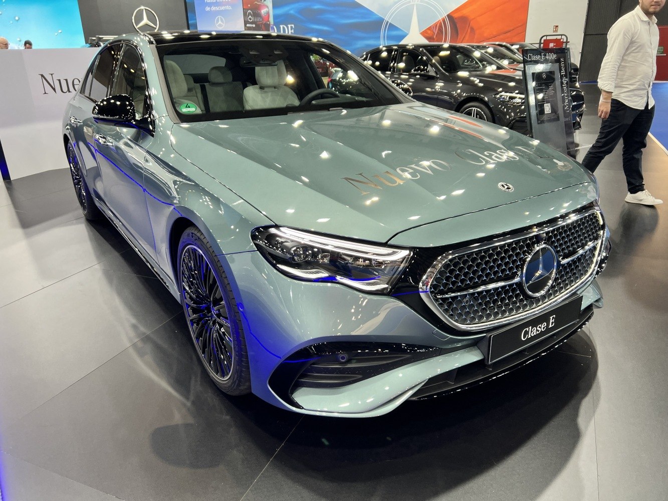 Front grille and LED headlights of a modern luxury sedan