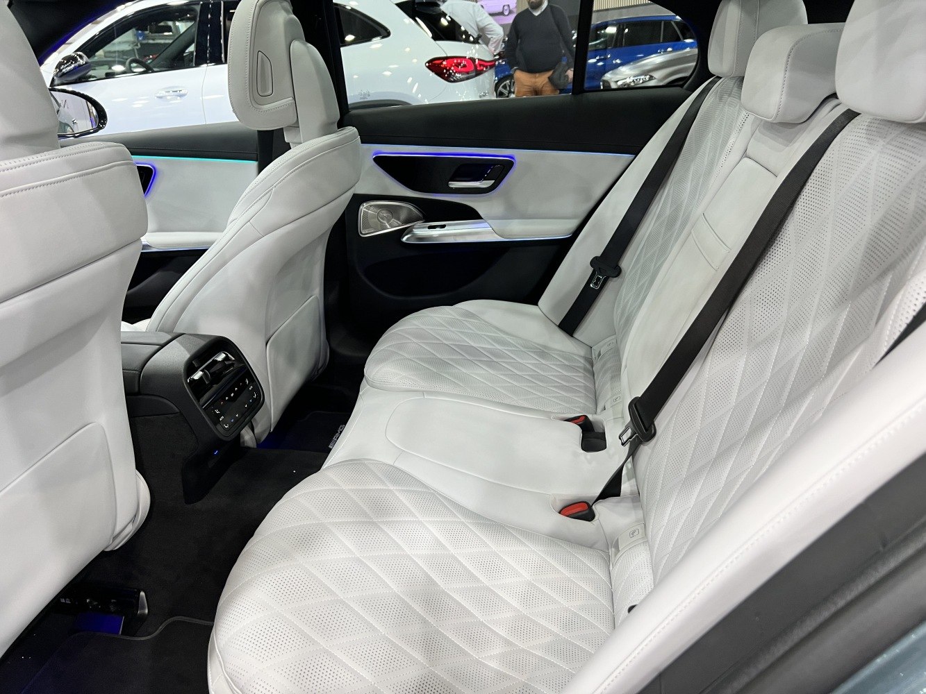 White quilted leather rear seats with ambient lighting and rear climate controls