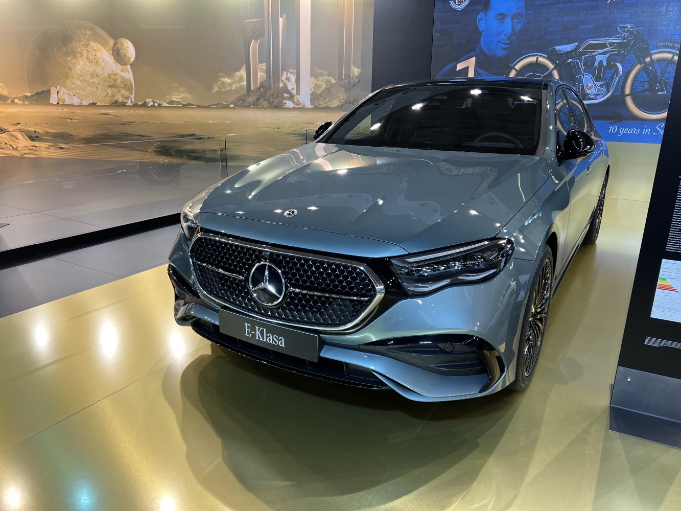 Front view of sleek modern grille and LED headlights