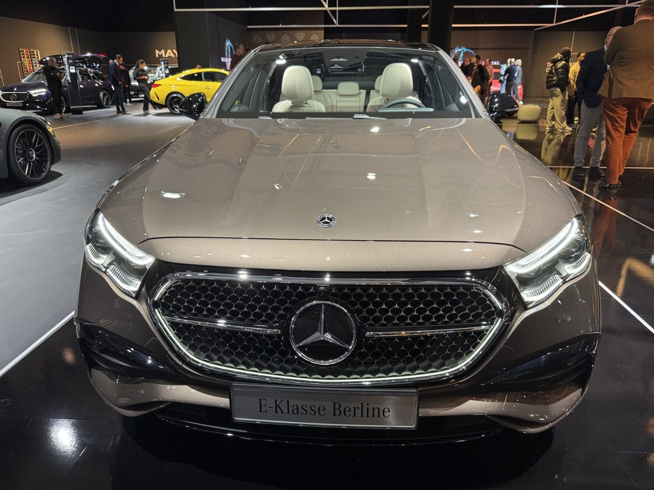 Front grille and LED headlights of a modern luxury sedan