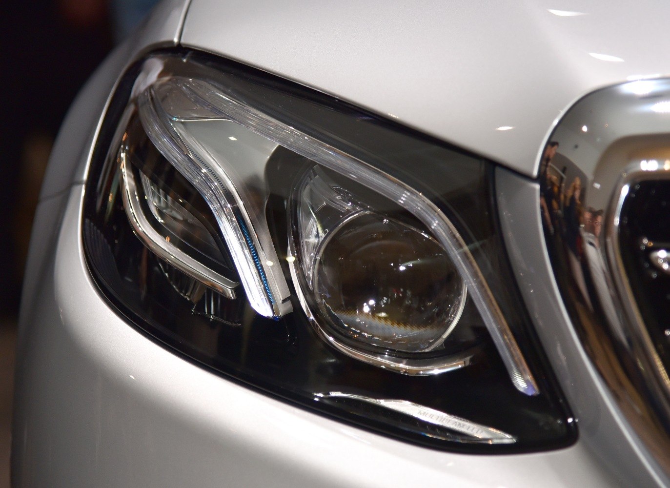 Close-up of a modern LED and projector headlight design