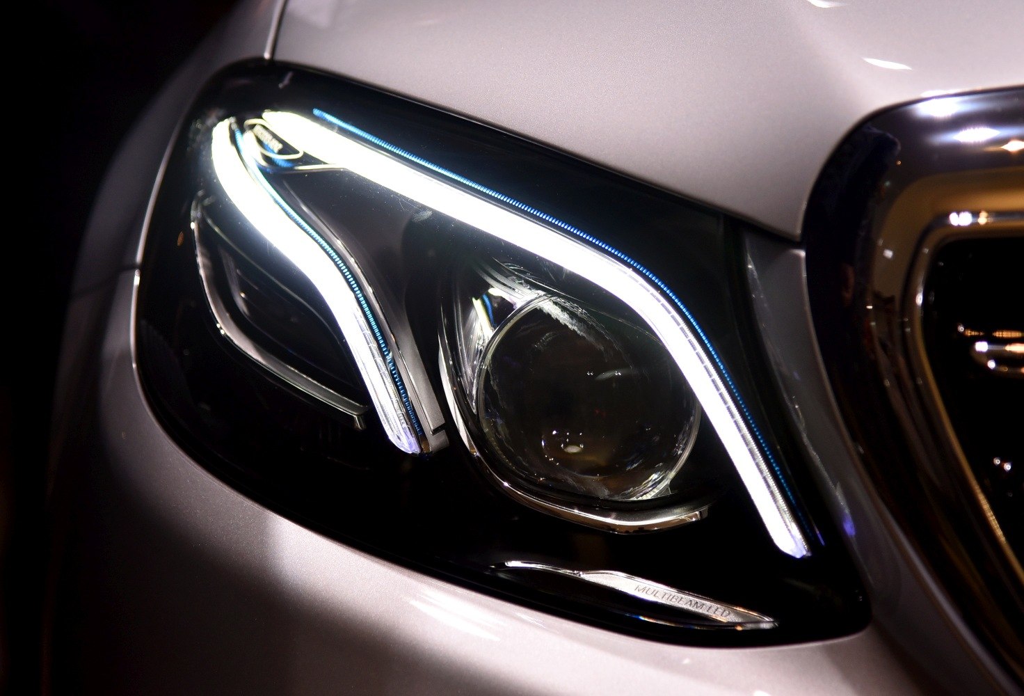 Close-up of a modern LED headlight with multi-beam design