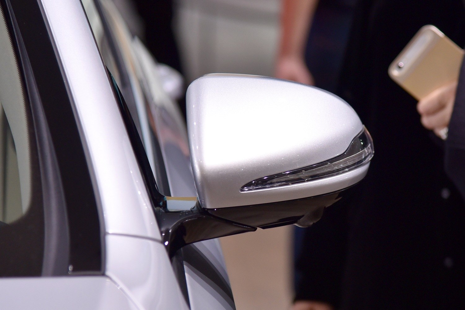 Close-up of silver side mirror with integrated turn signal