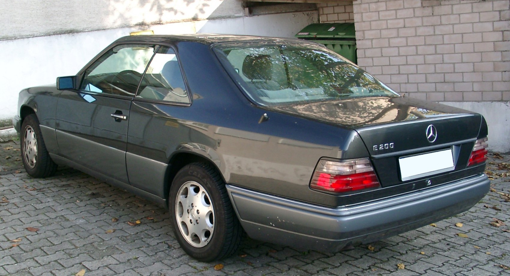 Rear side view of classic luxury coupe with distinct taillights and aerodynamic shape.