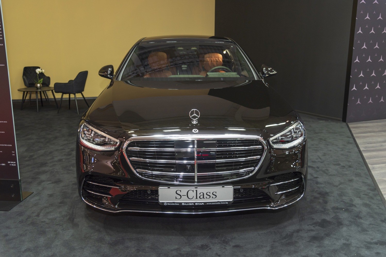 Front grille and LED headlights of luxury sedan.