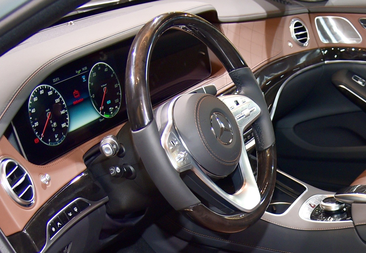 Luxury steering wheel and digital instrument cluster inside car