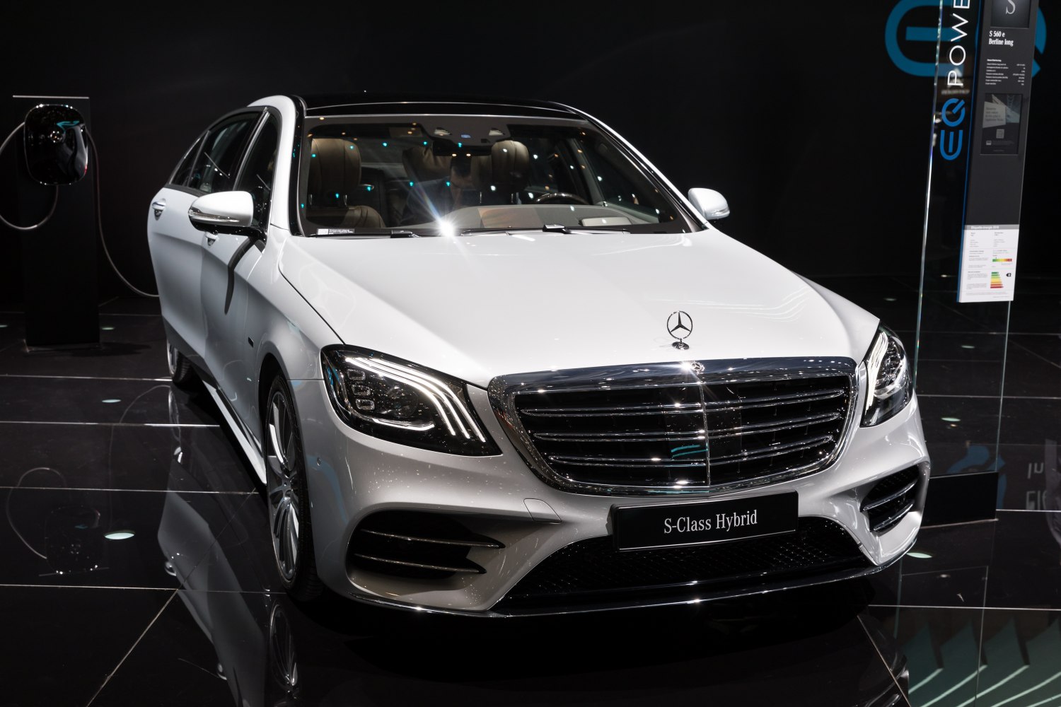 Front view with chrome grille and LED headlights of hybrid luxury sedan