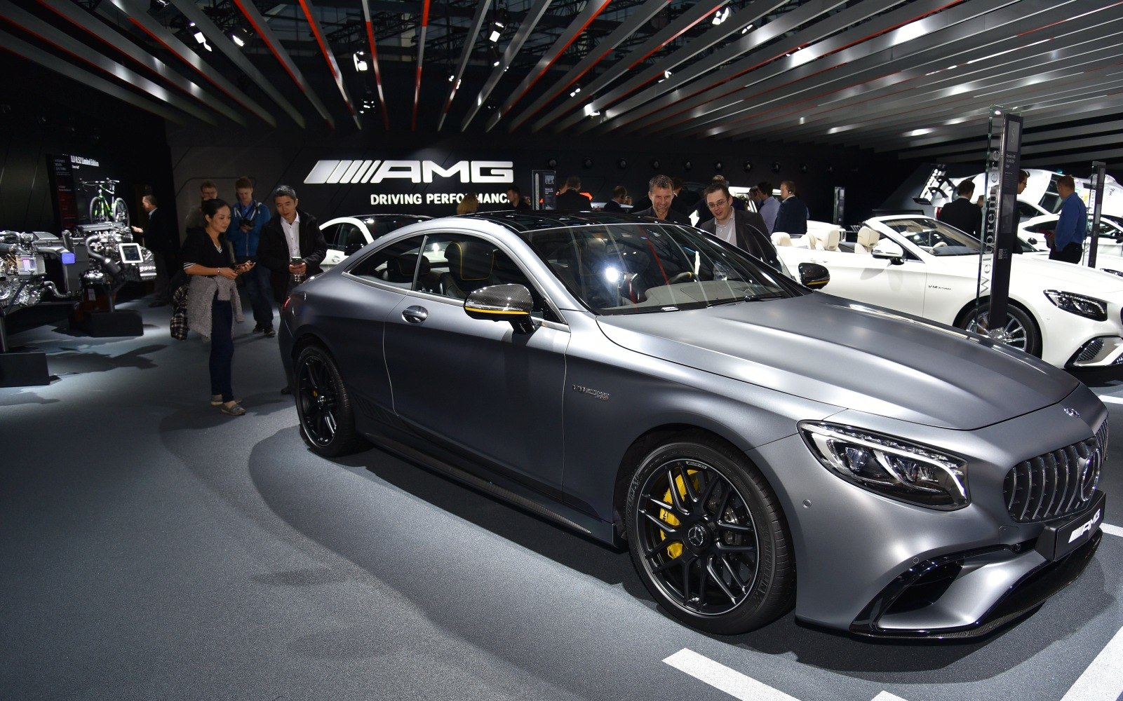 Matte grey luxury coupe with AMG styling and high-performance brakes
