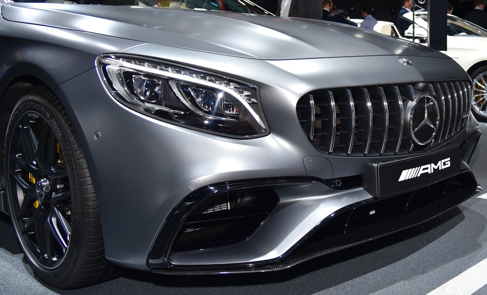 Close-up of front grille and LED headlight with AMG styling