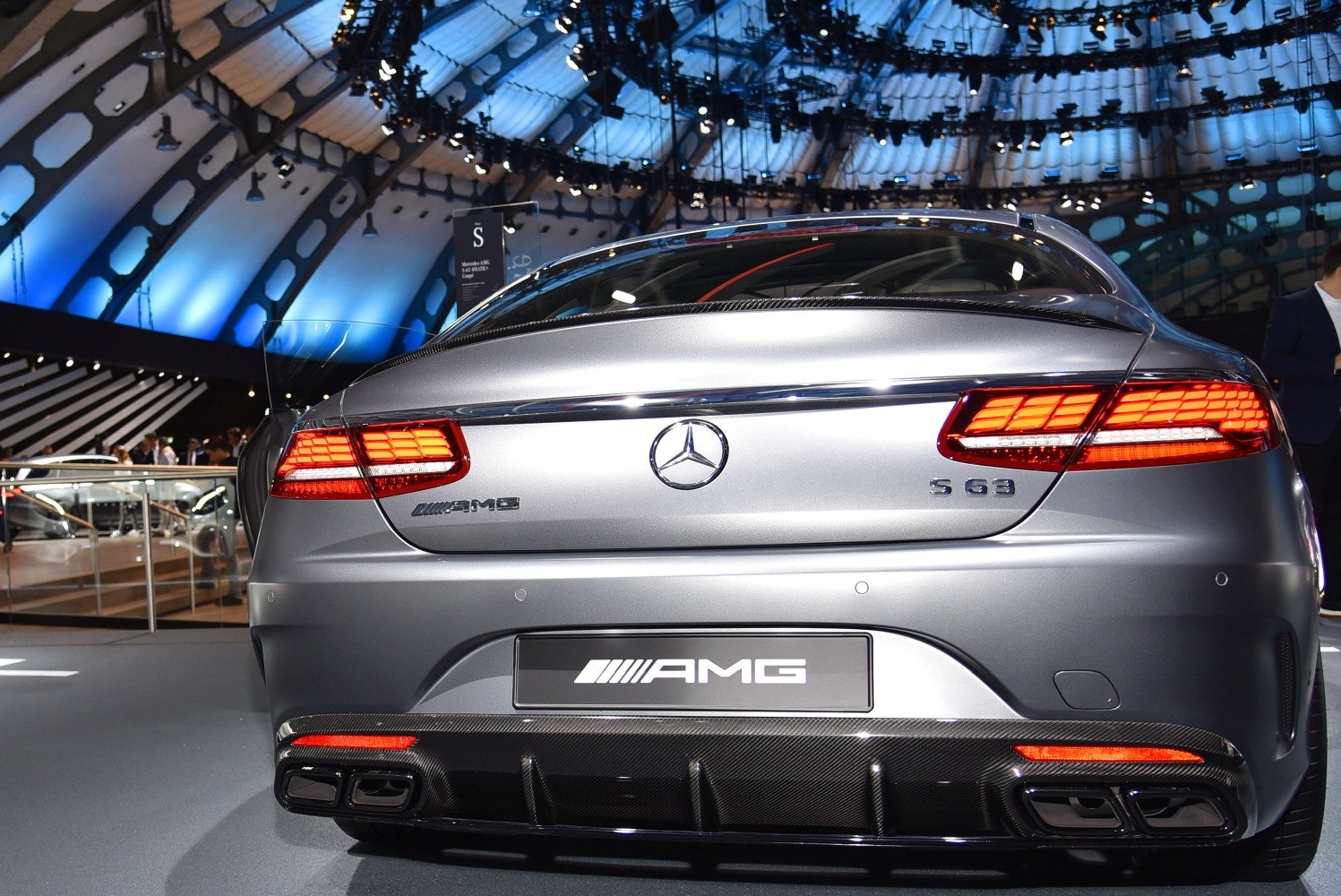 Rear view of AMG S-Class Coupe with distinct taillights and dual exhaust.
