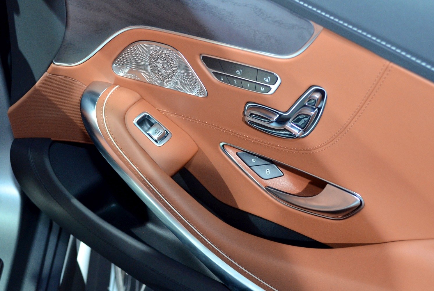 Luxury door panel with seat controls and premium speaker