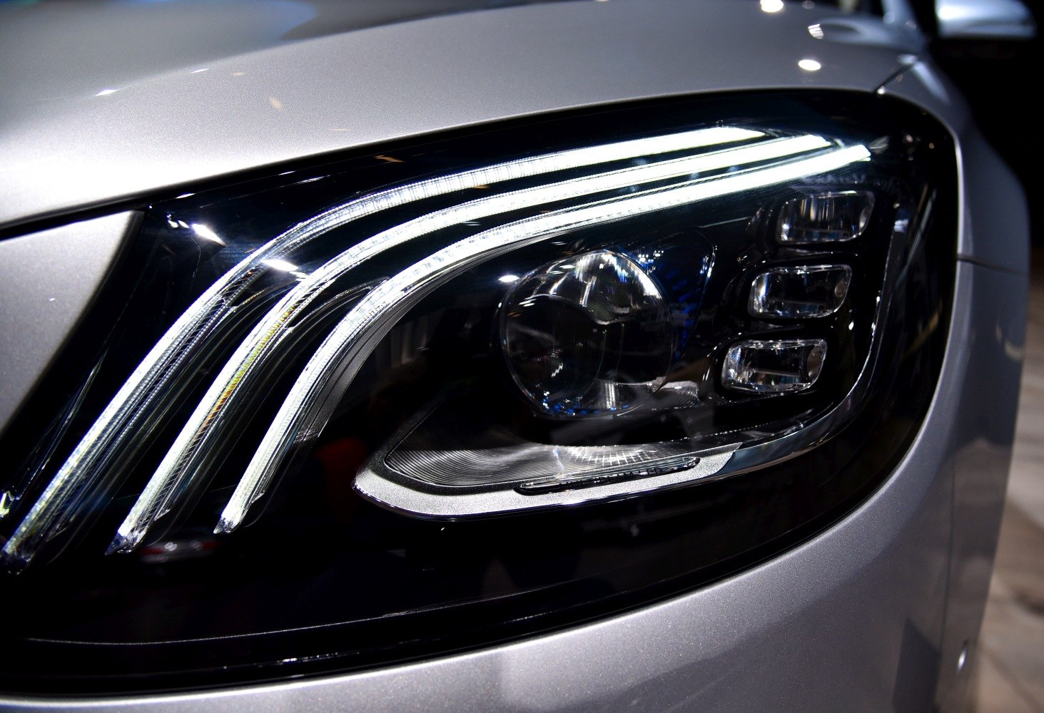 Close-up of LED headlight with signature light strips