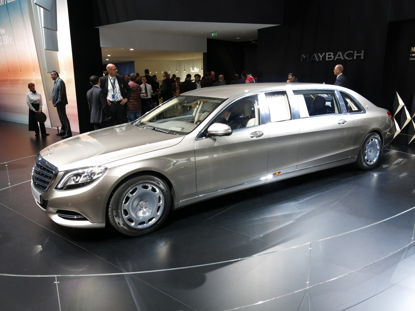 Extended-length luxury sedan with V12 engine and silver finish