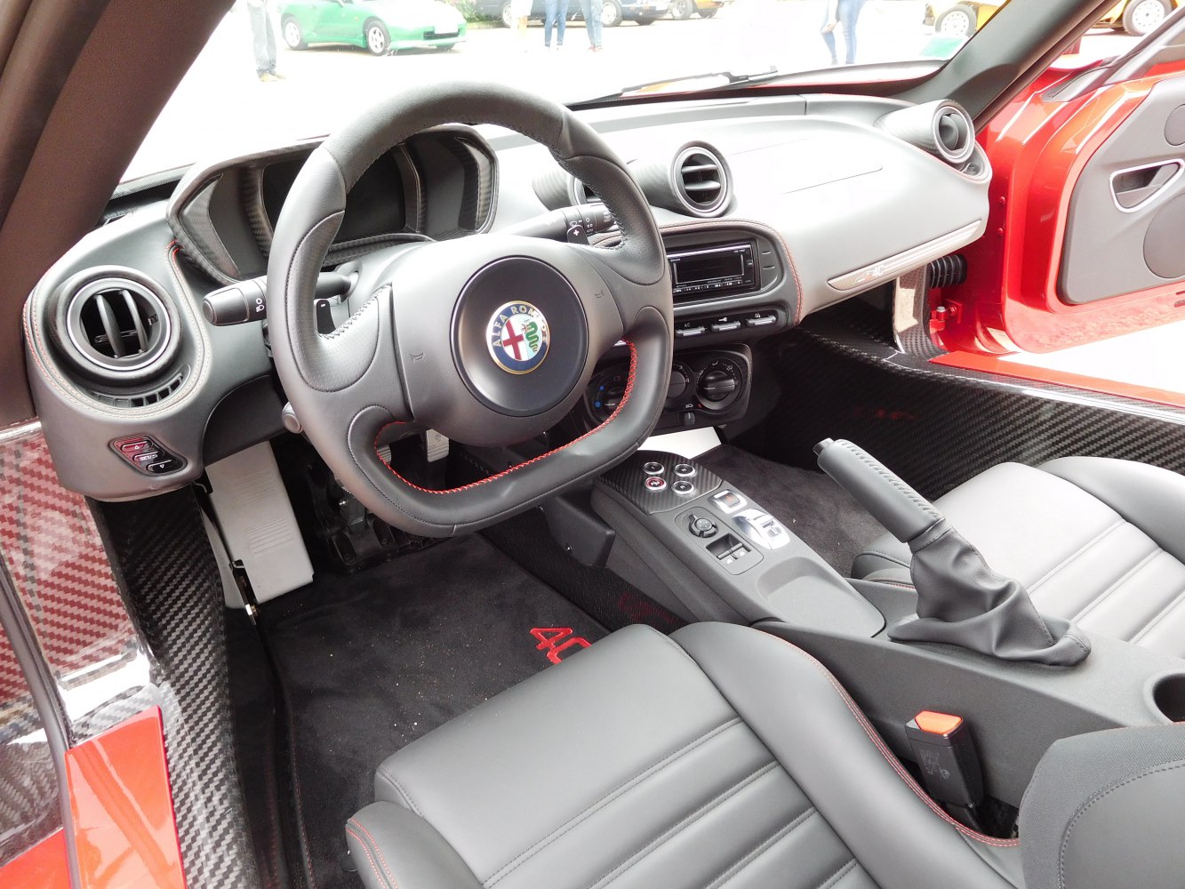 Steering wheel, dashboard, carbon fiber trim, center console with controls
