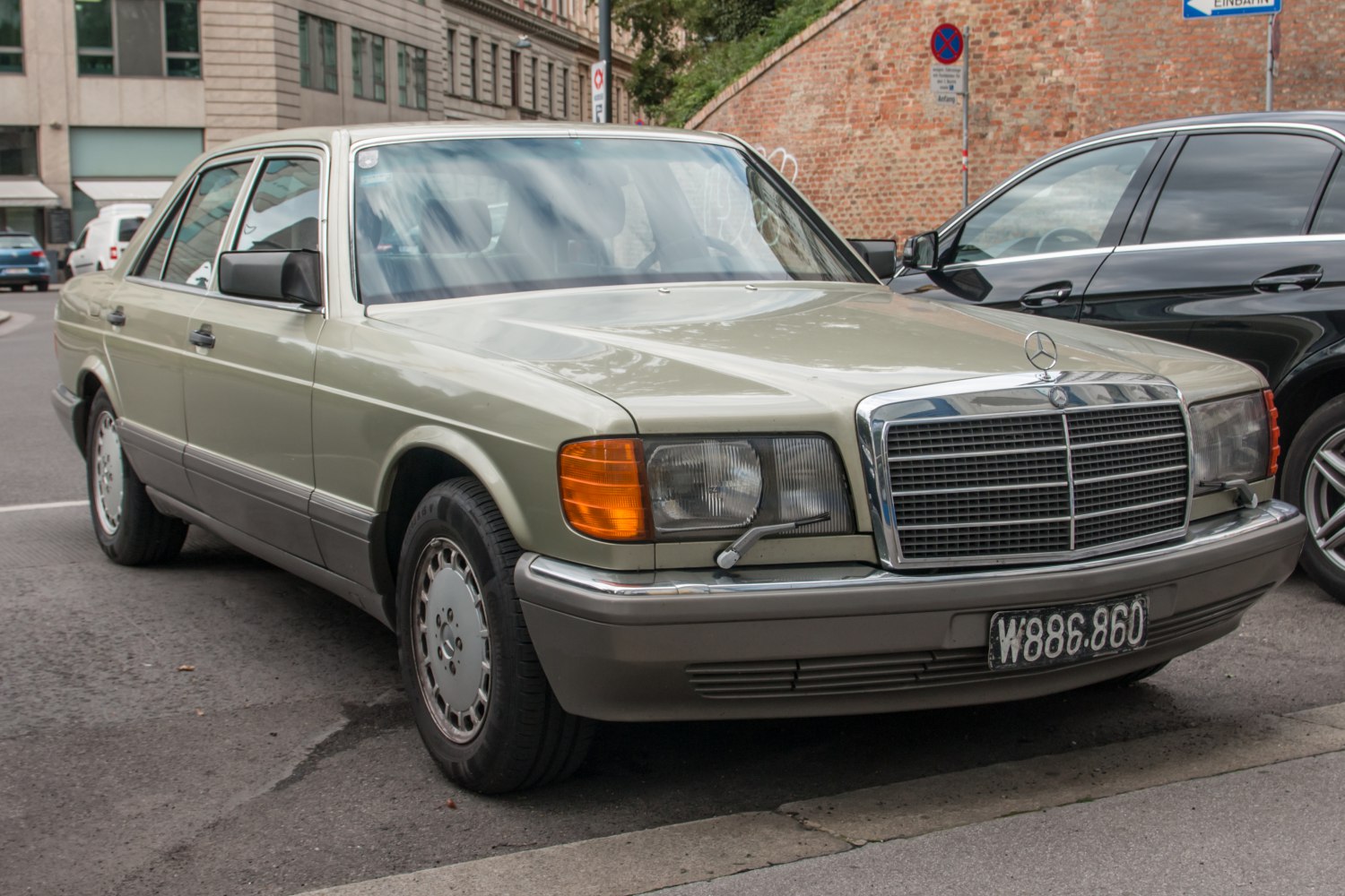 Classic sedan front view with iconic grille and headlights
