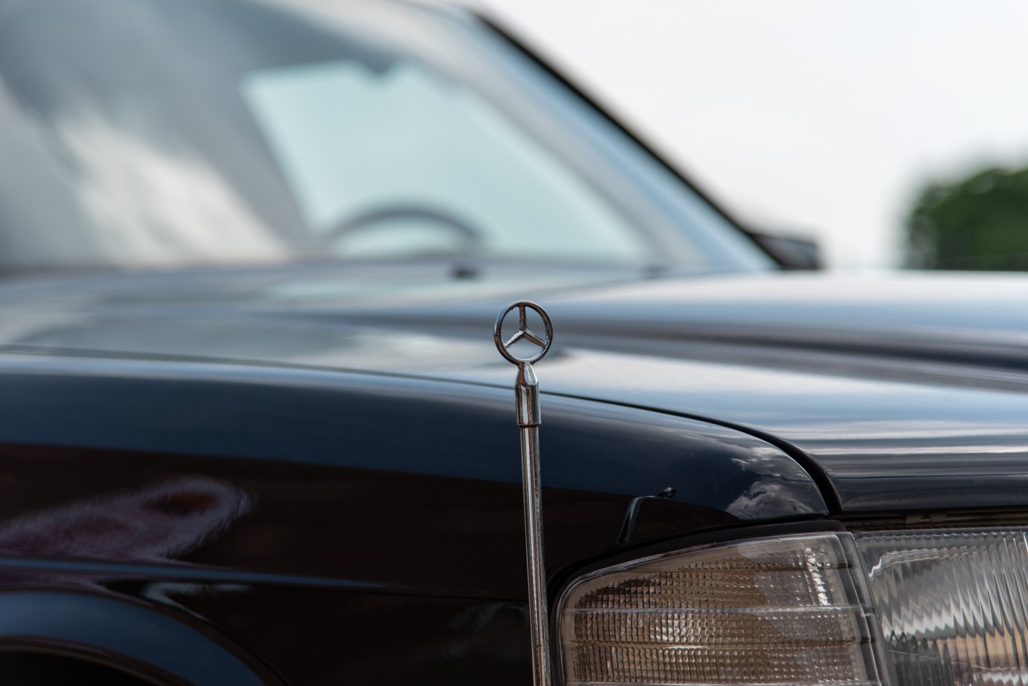 Classic hood ornament and front light detailing on a luxury vehicle.