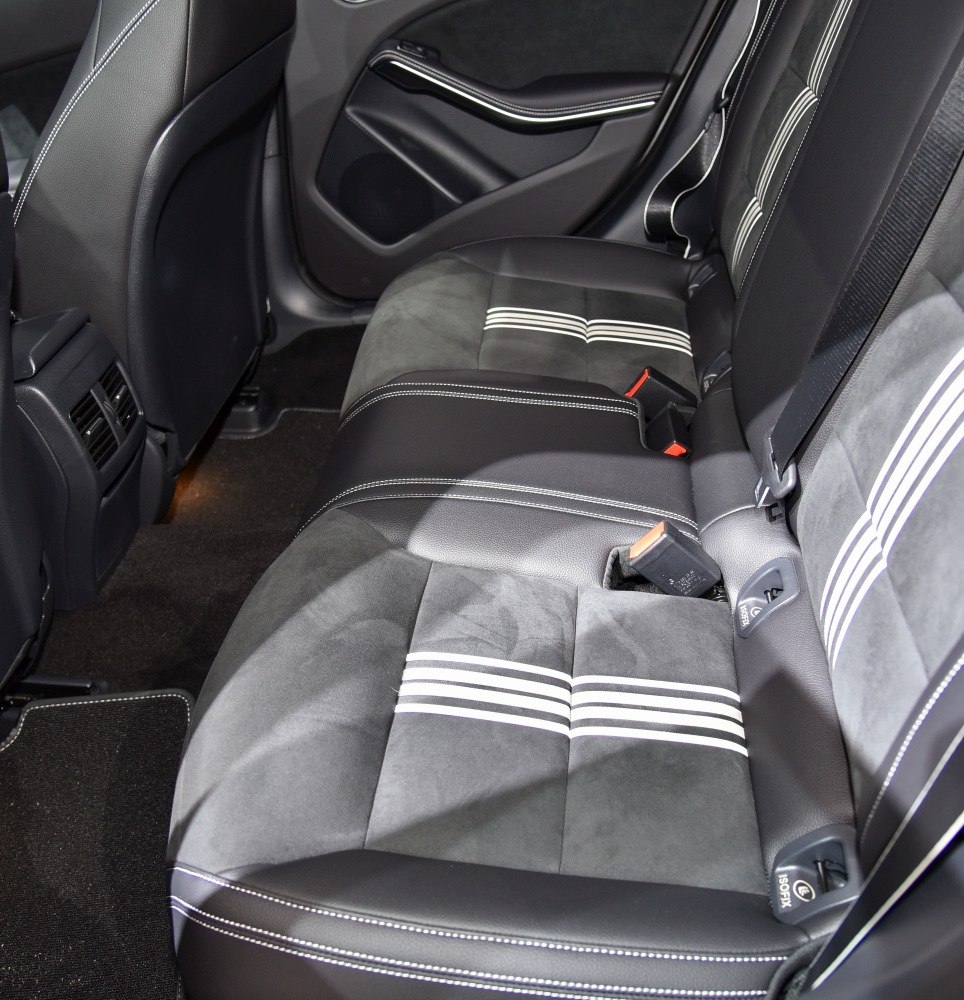 Rear seat interior with sporty upholstery and contrasting stitching