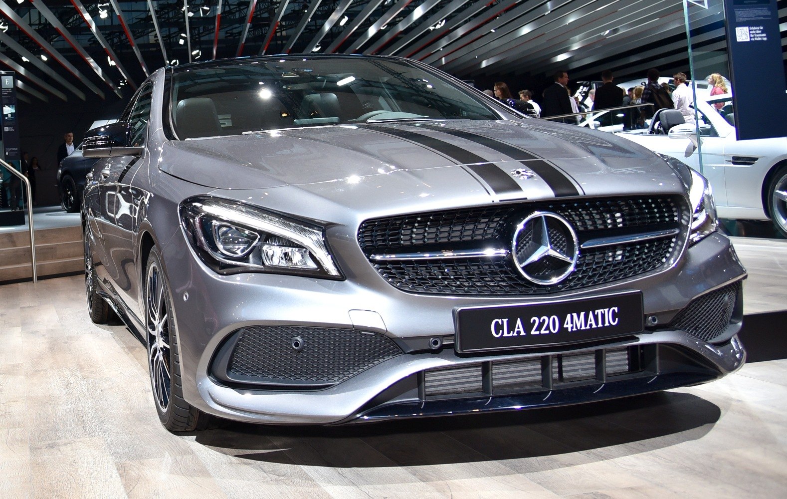 Silver Mercedes sporty front with grille and LED headlights