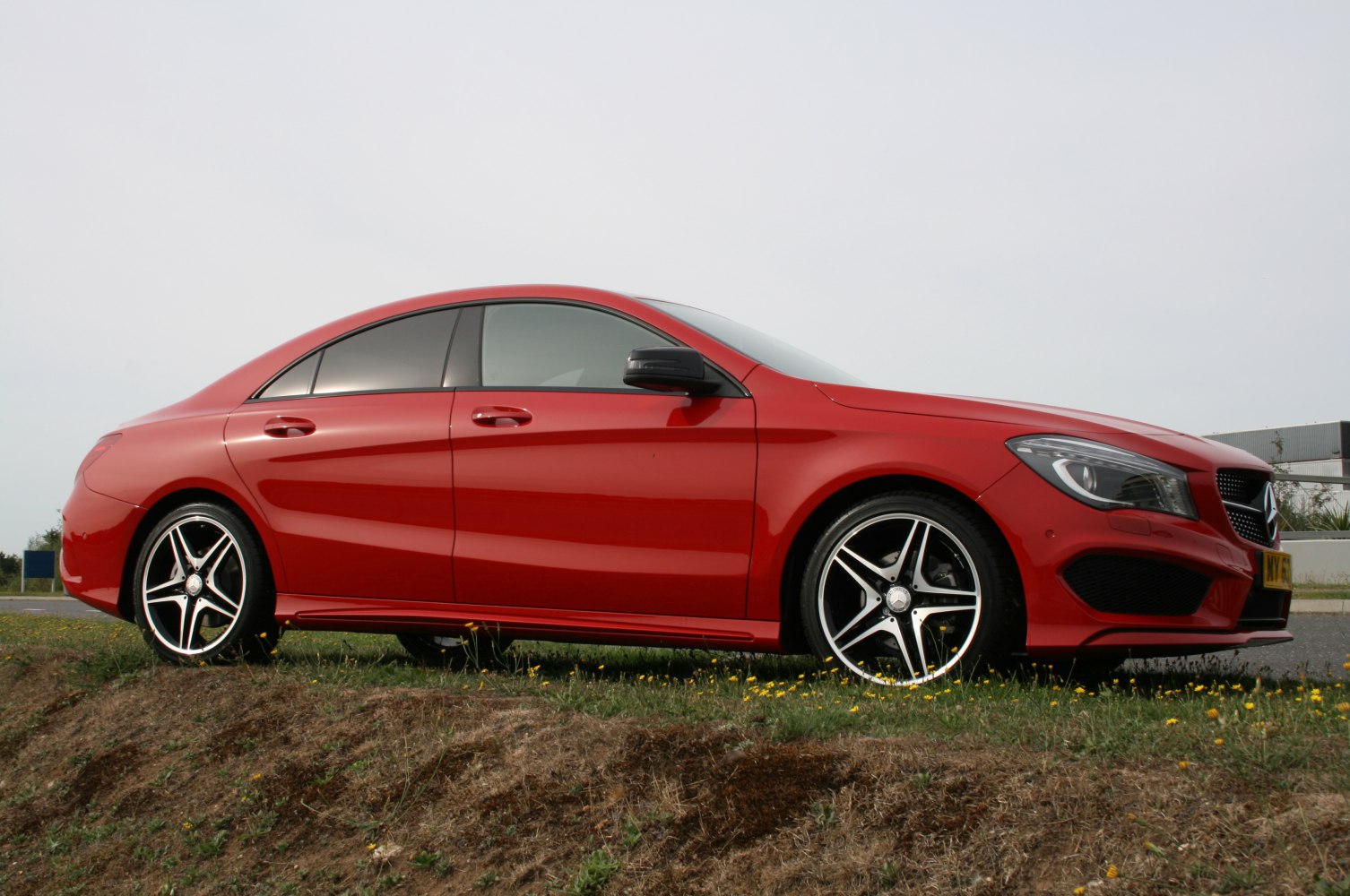 Side view of a sporty coupe with distinctive alloy wheels and sleek body lines