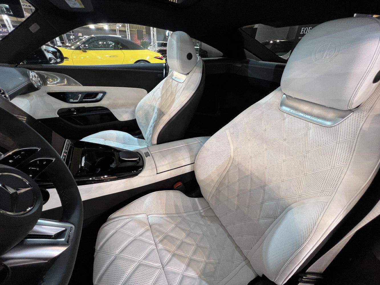 White quilted perforated leather seats with AMG branding