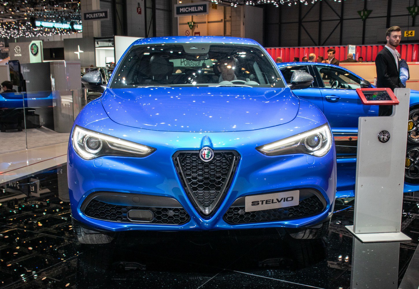 Alfa Romeo Stelvio front view with signature grille and sharp headlights