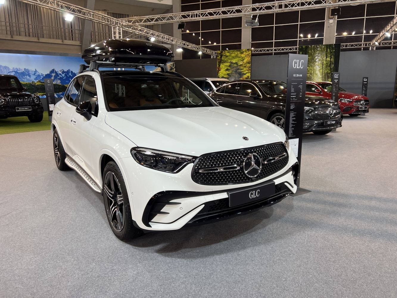 Sporty front grill and roof box on white SUV