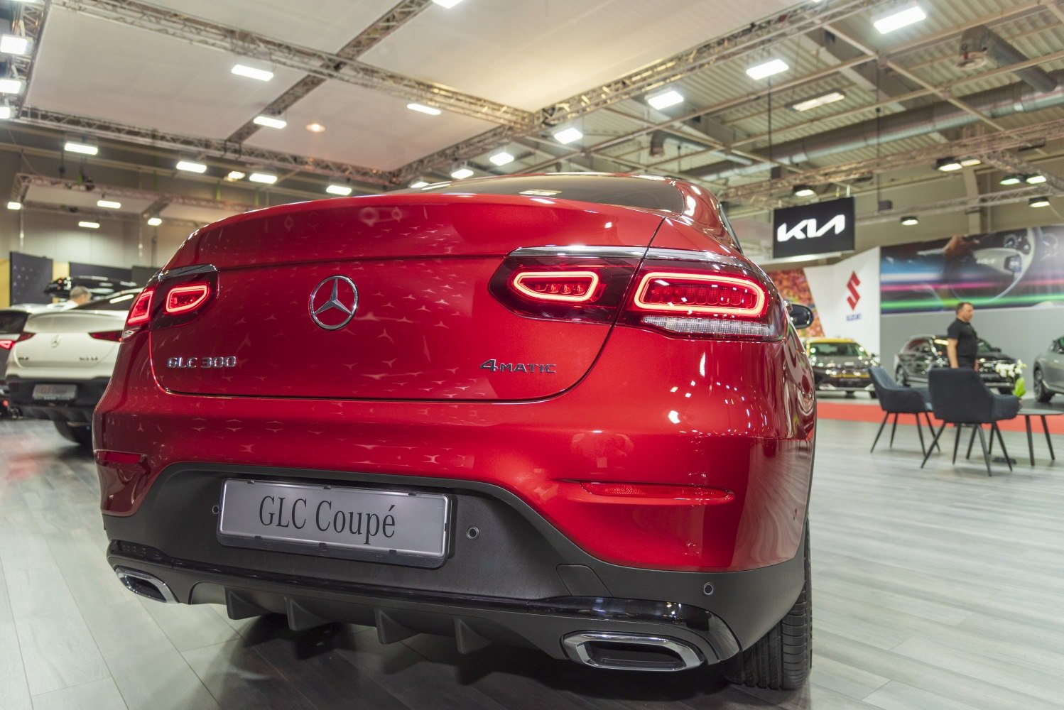 Red Mercedes GLC Coupe rear with LED taillights and dual exhaust