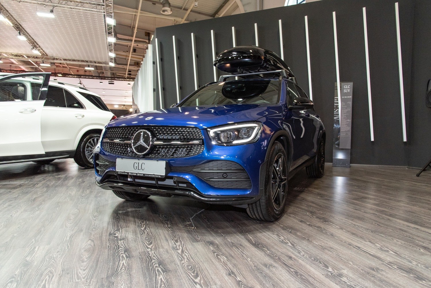 Blue luxury SUV with distinct grille and roof cargo box