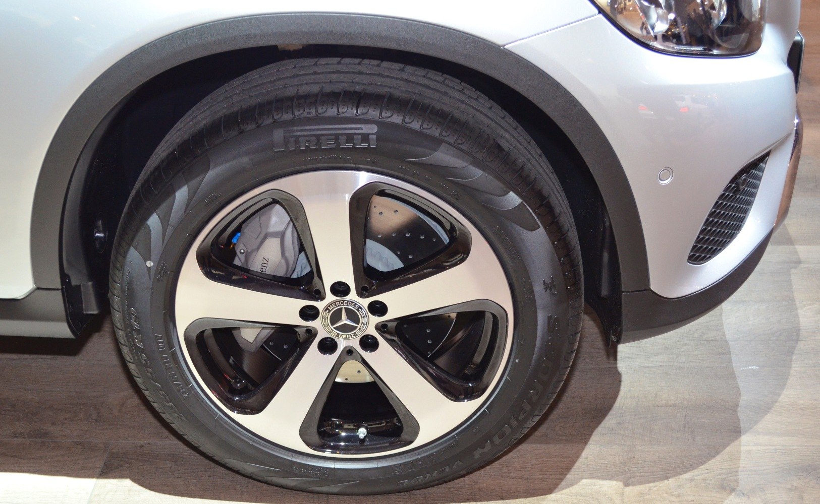 Close-up of alloy wheel and Pirelli tire with brake disc