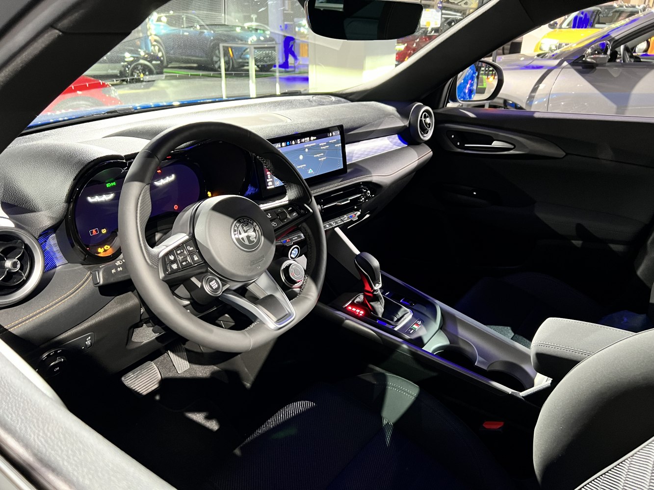 Modern car interior with digital dashboard and infotainment screen