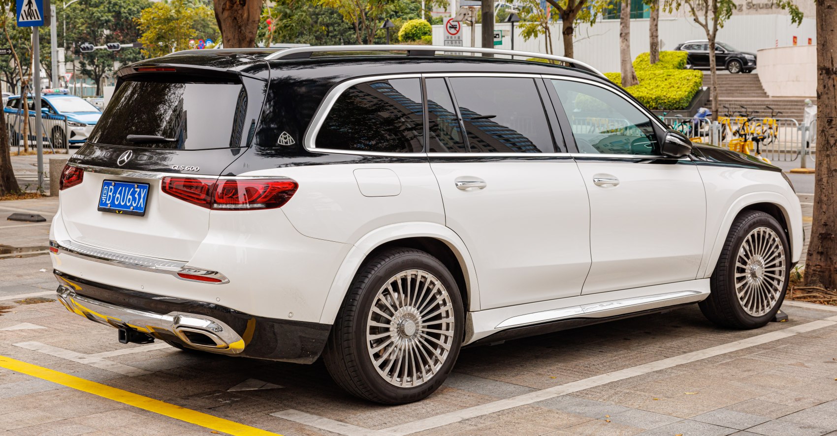 Rear side view of luxury SUV with two-tone paint and multi-spoke rims