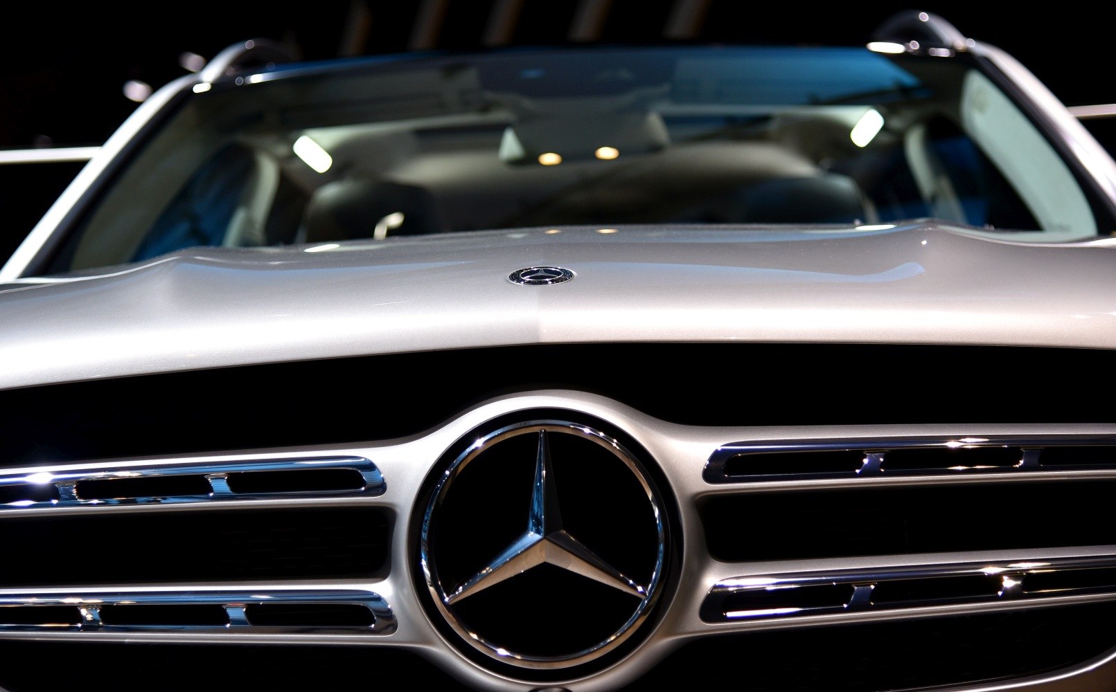 Close-up of front grille and hood emblem with chrome detailing