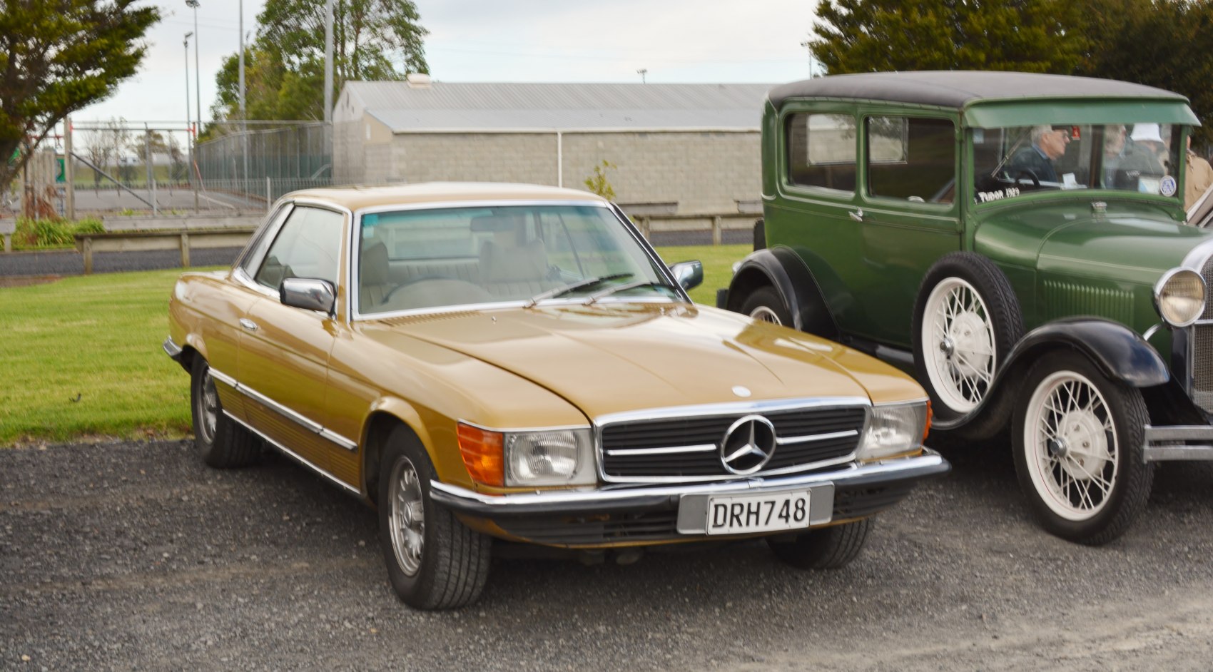 Vintage coupe with classic Mercedes front grille and chrome detailing