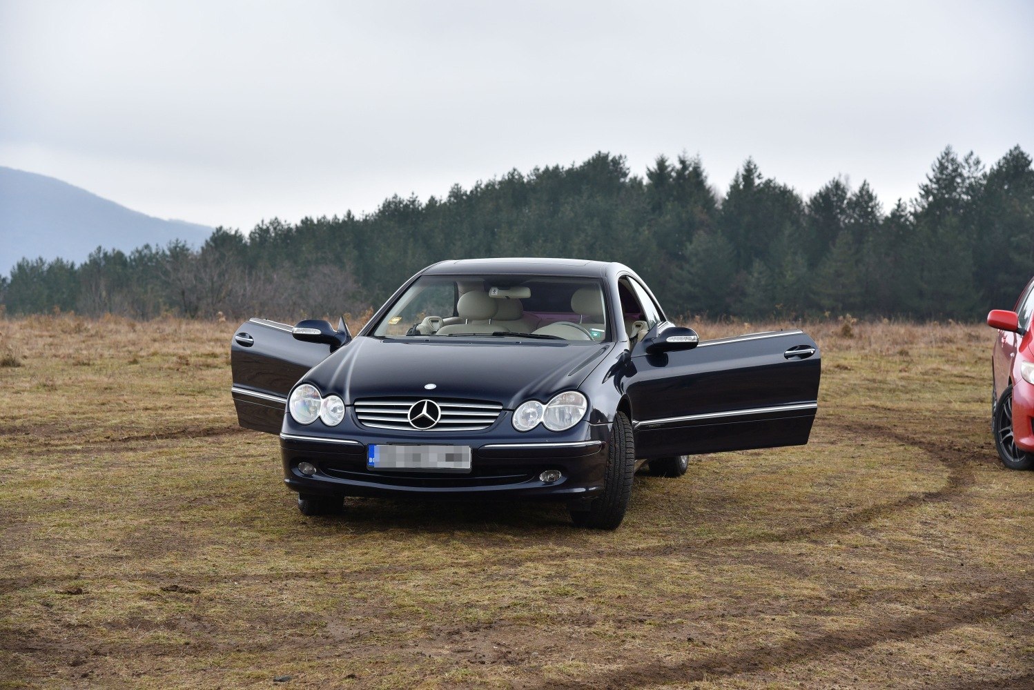Front view of a luxury coupe with both doors open on a natural background