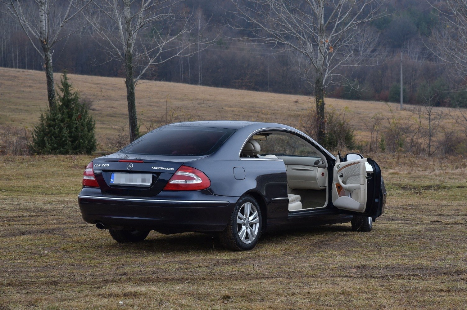 Rear exterior and open door beige interior of luxury coupe.