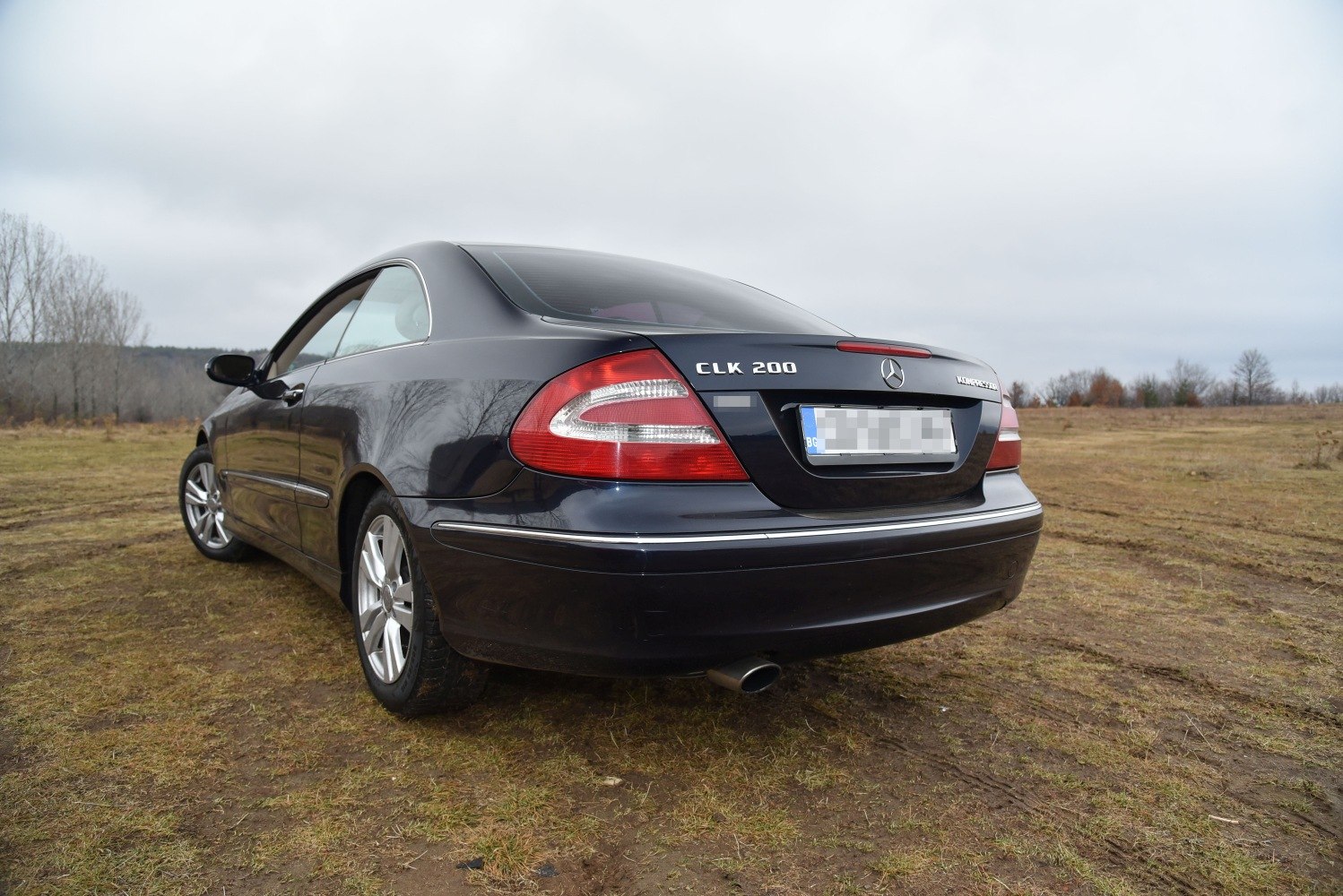 Rear side view with illuminated taillights and exhaust pipe on a coupe.