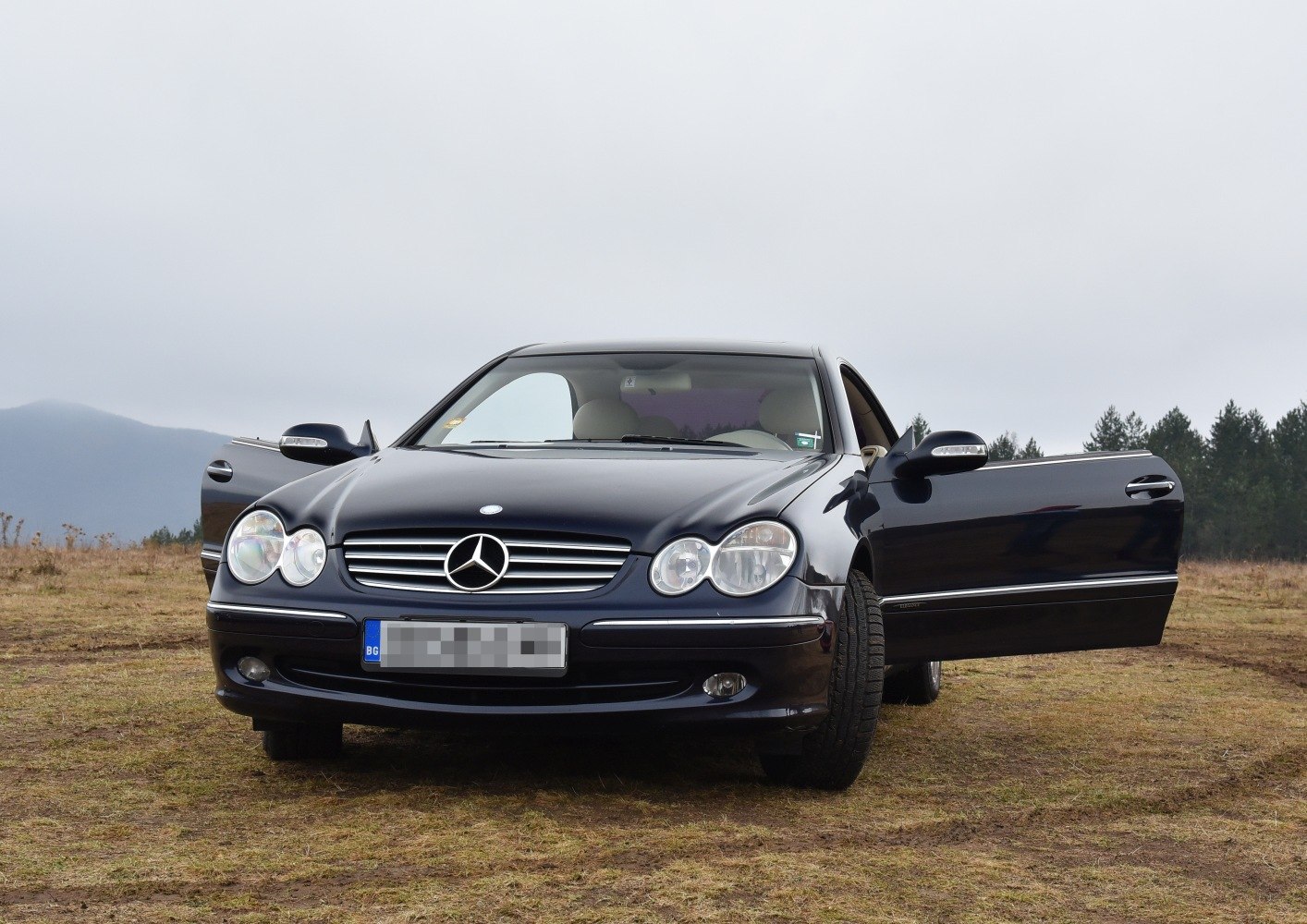 Front view of coupe with oval headlights and both doors open