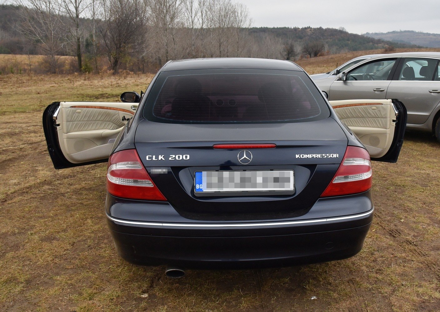 Rear view of a luxury coupe with open rear doors and beige interior