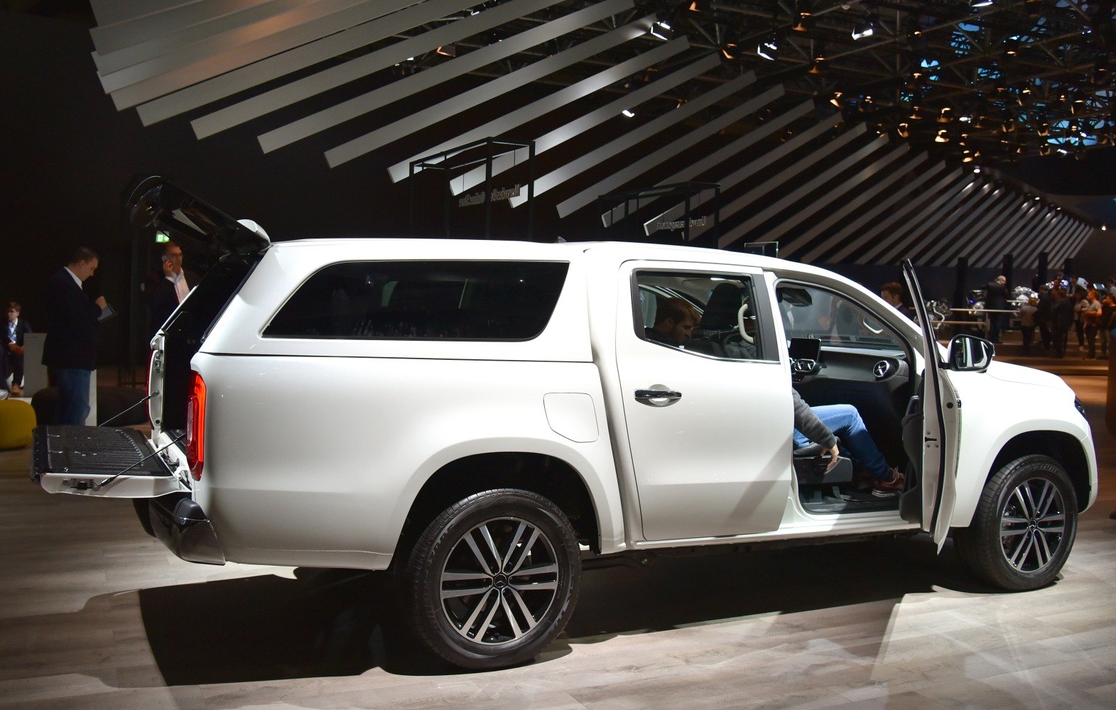 Pickup truck with canopy rear cover and open front and rear doors