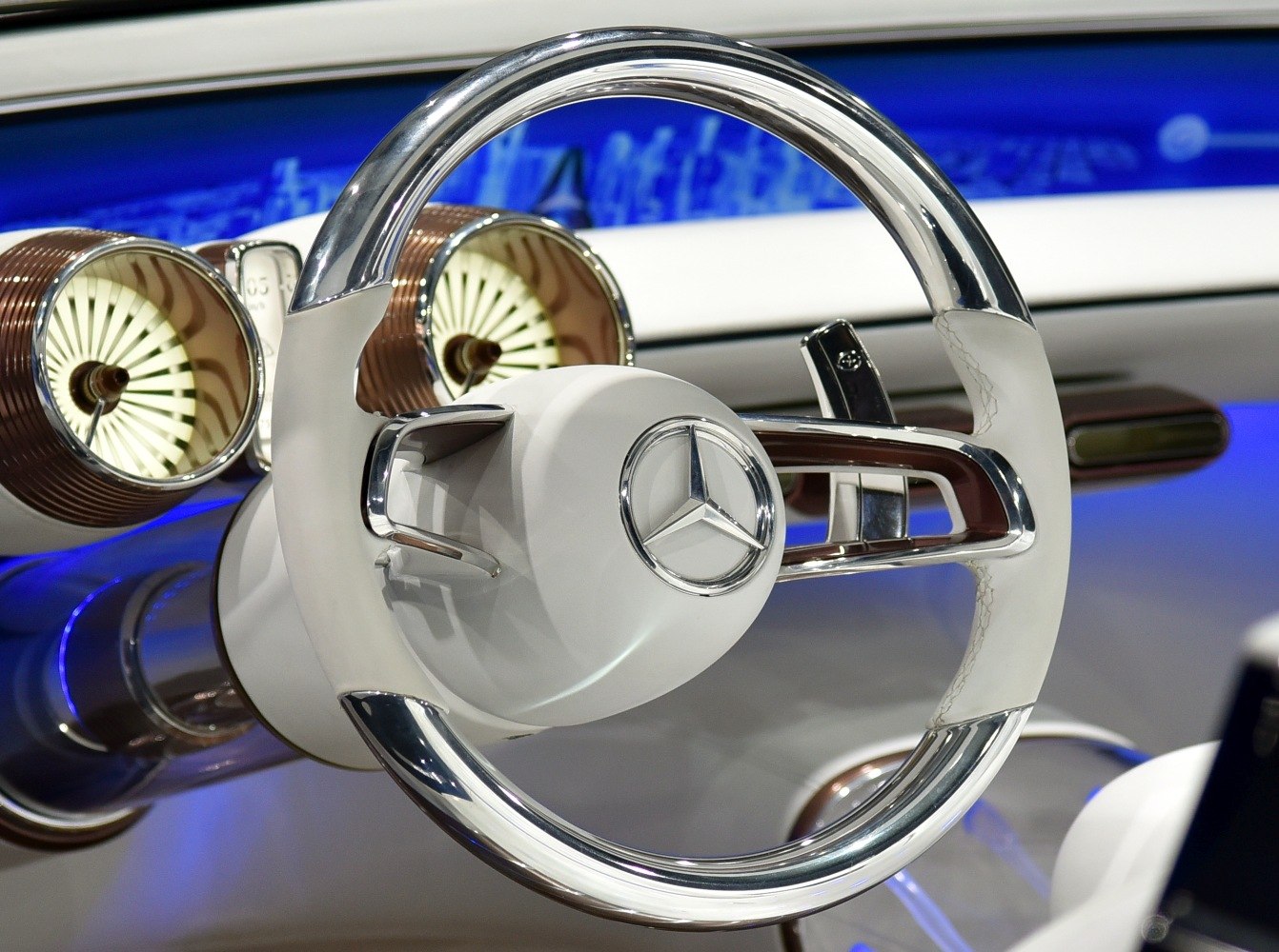 Chrome-accented steering wheel with retro-style instrument gauges.