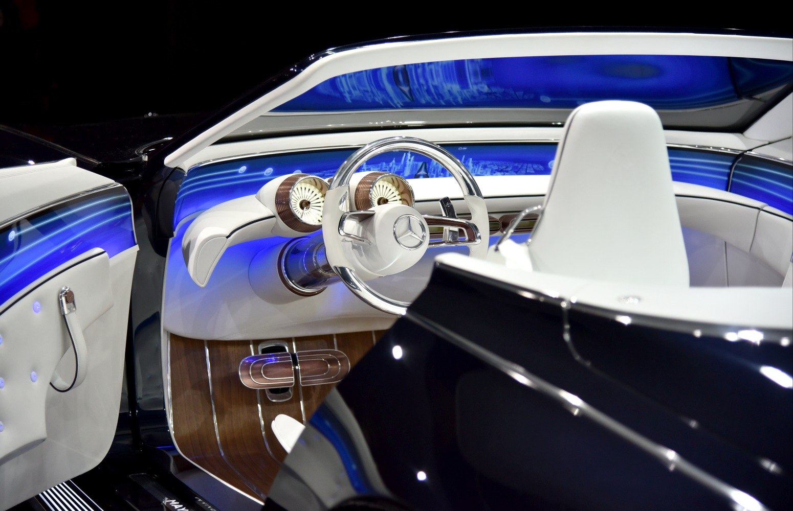 Futuristic luxury car interior with illuminated dashboard and wood floor