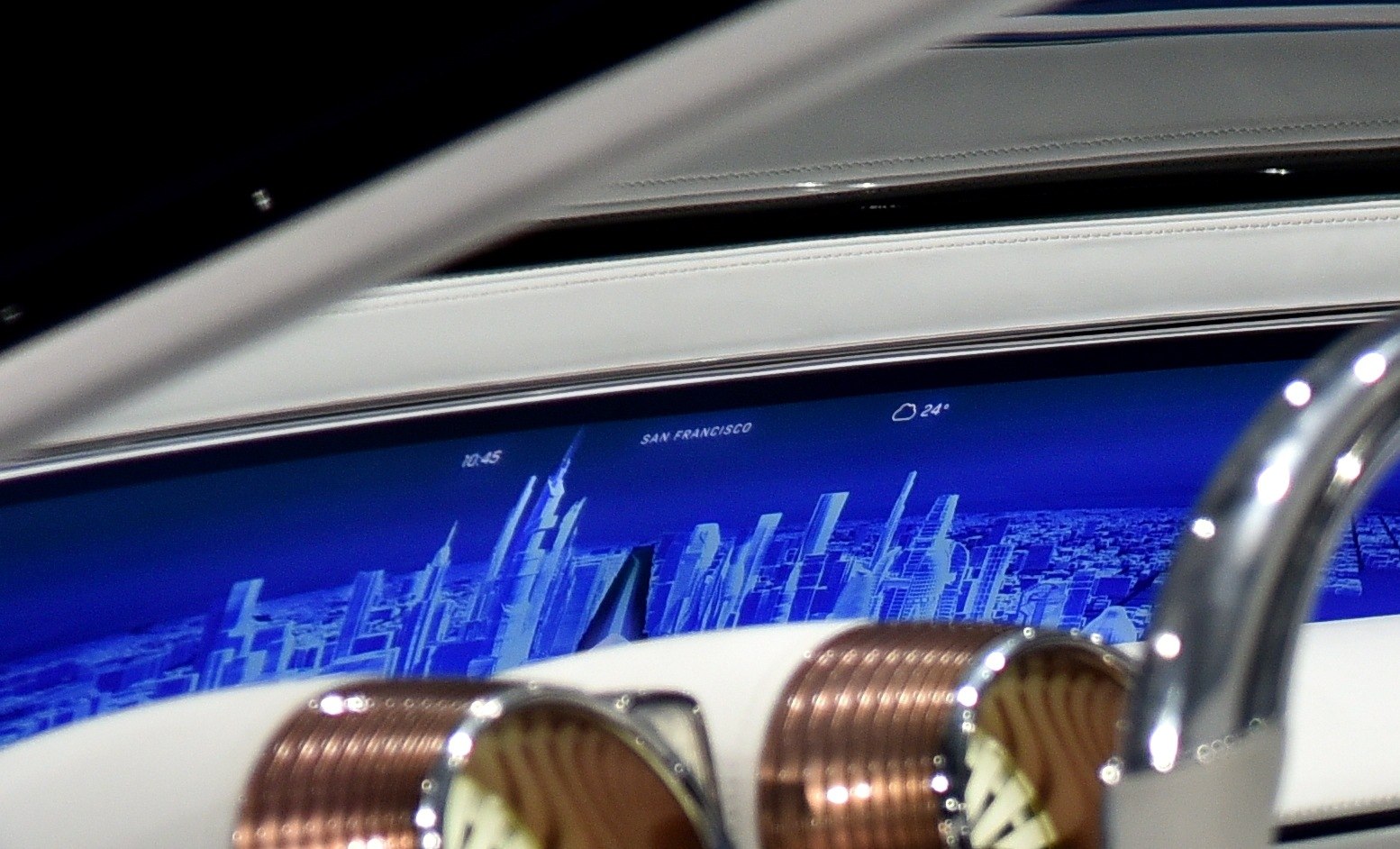 Futuristic digital instrument cluster with city skyline and weather info.