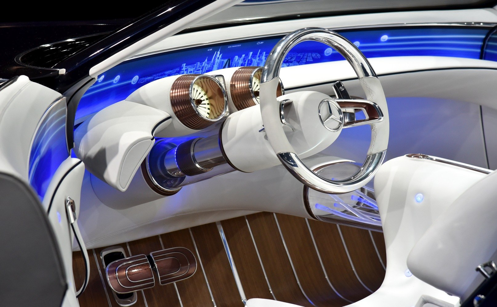 Futuristic car interior with advanced steering and digital dashboard lighting