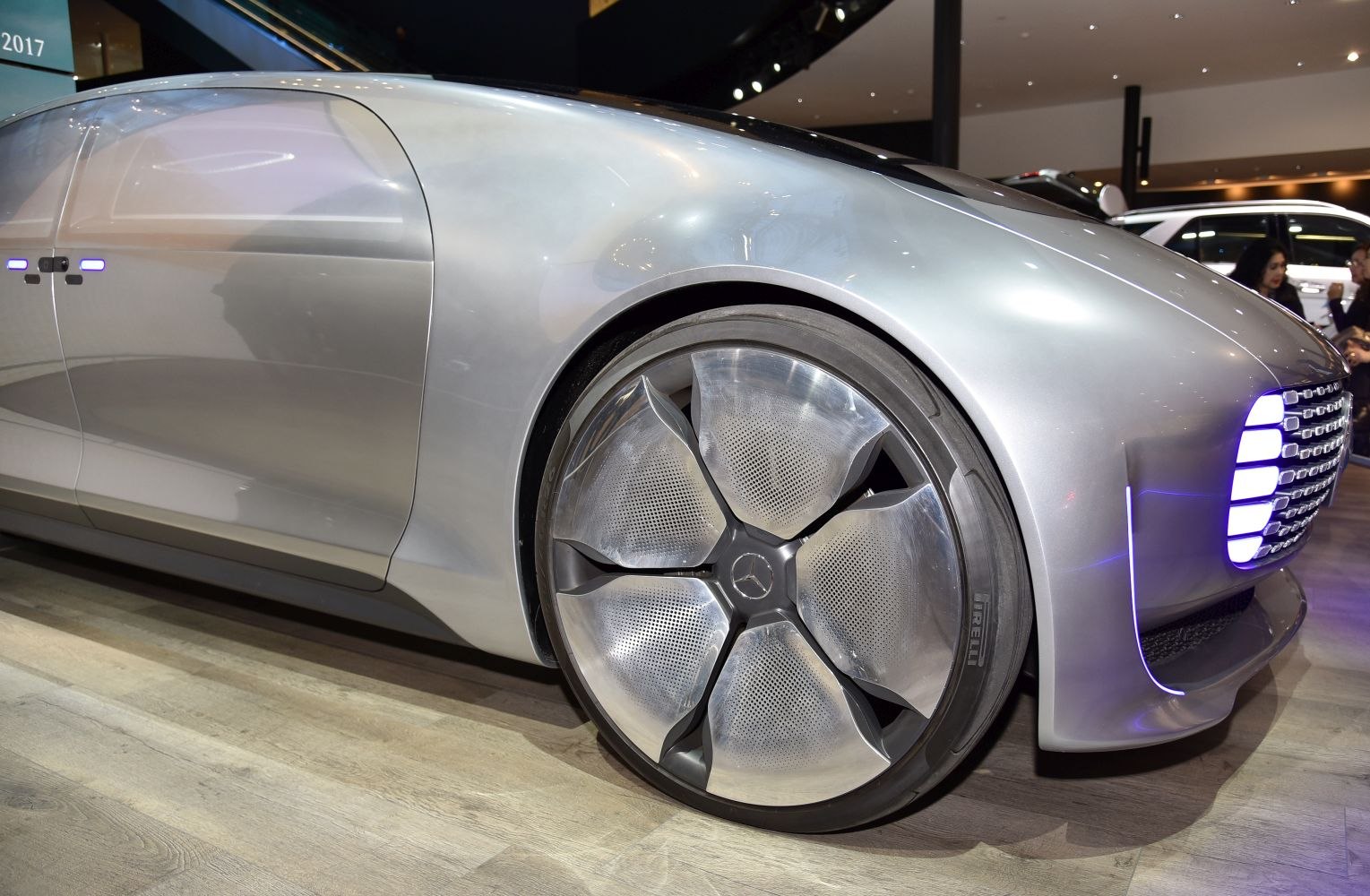 Futuristic wheel design with unique aerodynamic rim and sleek front air intake