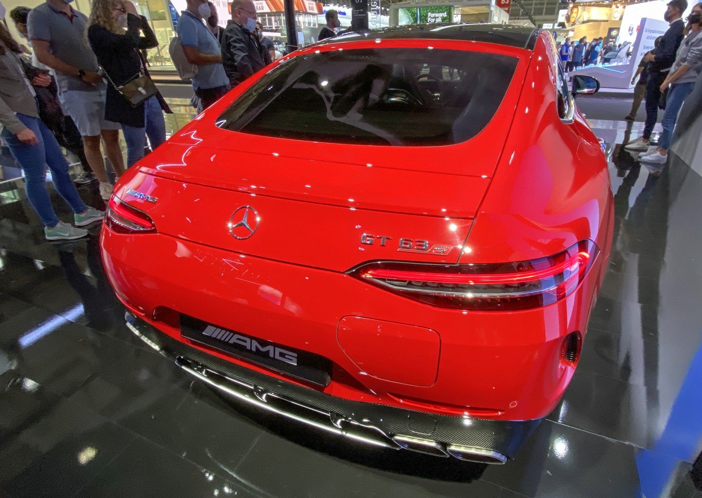Rear view of AMG GT 4-Door Coupe with taillights and quad exhausts