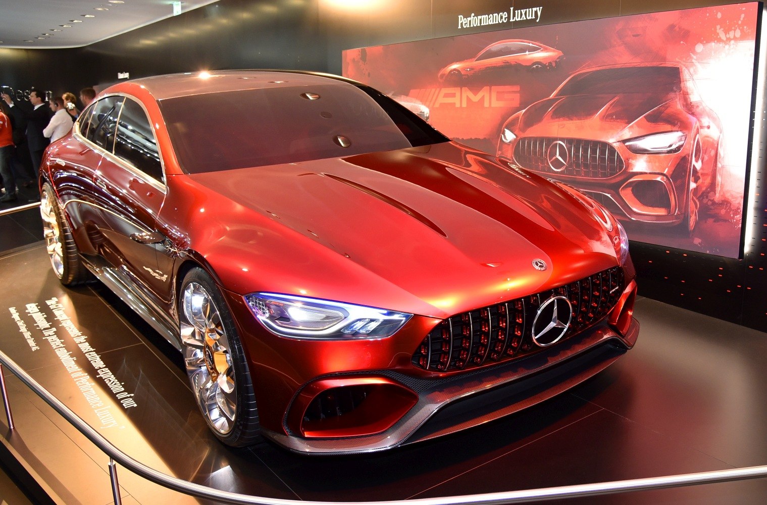Aggressive front grille and LED headlights of a luxury 4-door coupe concept