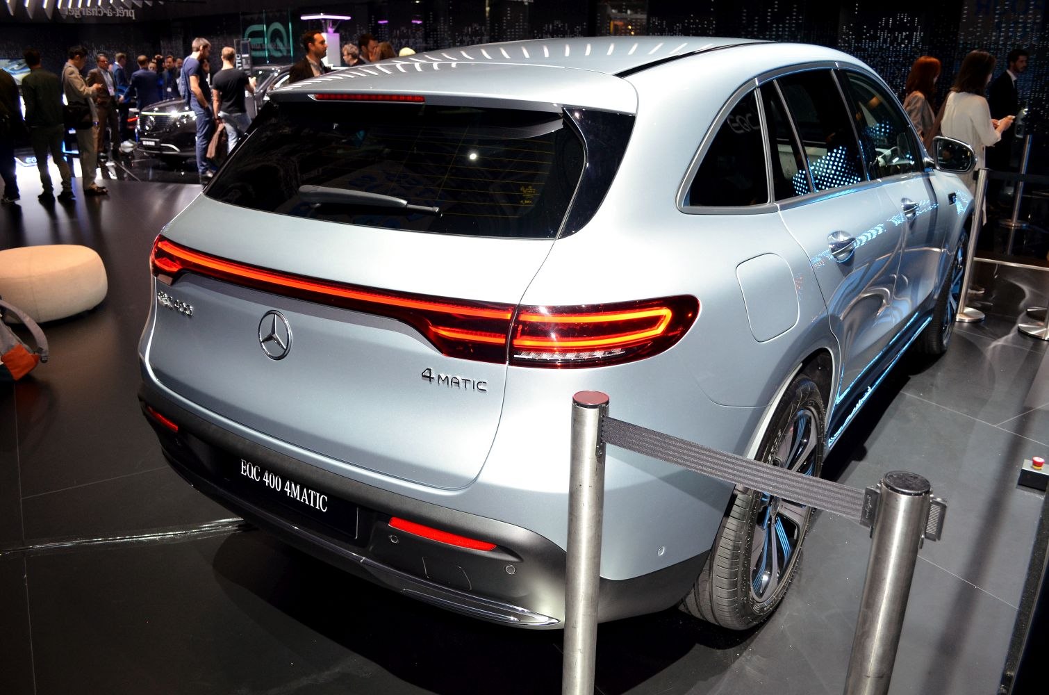 Rear view of electric SUV with distinctive LED tail lights and smooth body lines