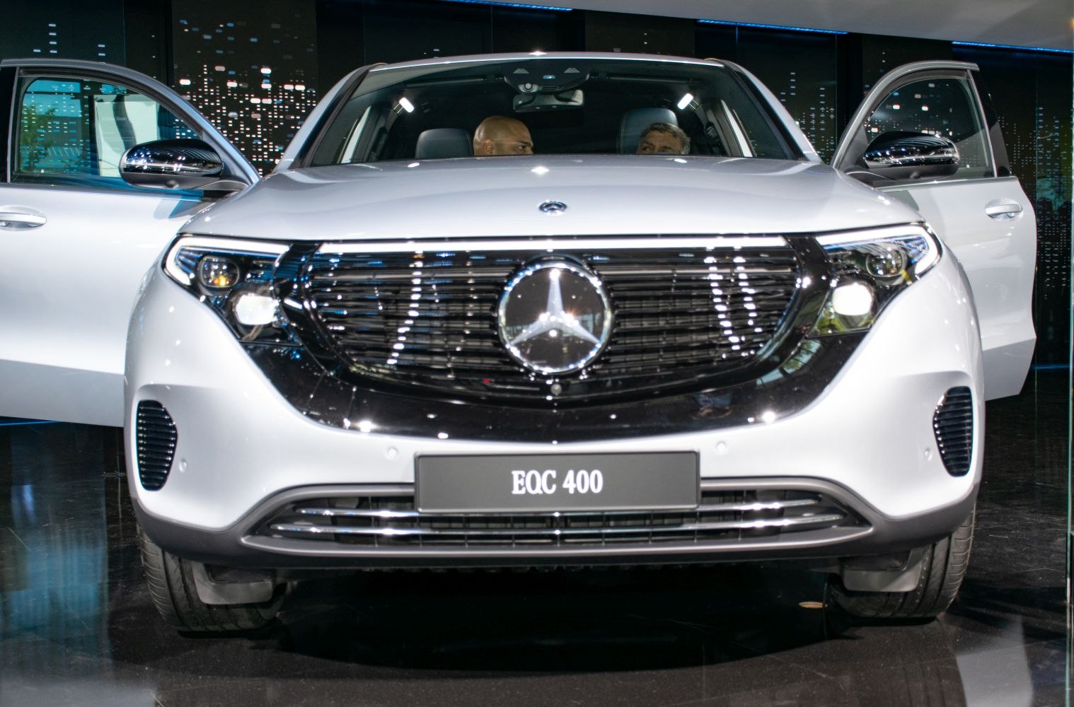 Front grille and LED headlights of a luxury electric SUV